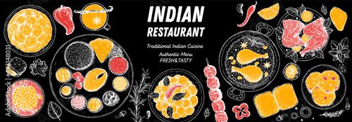 Indian food illustration. Hand drawn sketch. Indian cuisine. Vector illustration. Menu background. Engraved style.