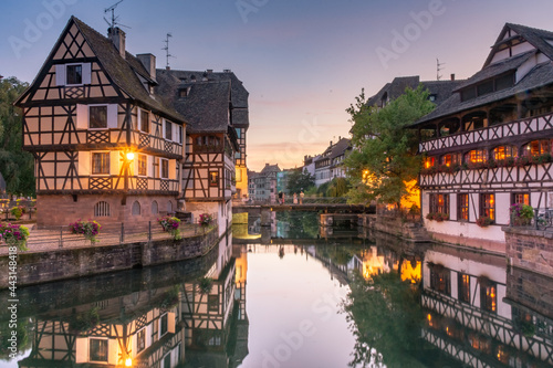 Sunset over the canal of "petite venice" in Strasbourg, France