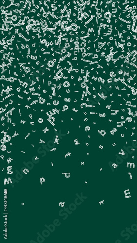 Falling letters of English language. Sketch chalk flying words of Latin alphabet. Foreign languages study concept. Extra back to school banner on blackboard background.