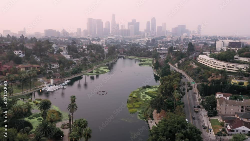 Aerial: Echo Park Lake with a view to downtown, Los Angeles, California, USA Aerial: Echo Park Lake with a view to downtown, Los Angeles, California, USA
