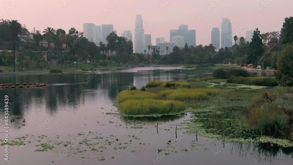 Aerial: Echo Park Lake with a view to downtown, Los Angeles, California, USA Aerial: Echo Park Lake with a view to downtown, Los Angeles, California, USA