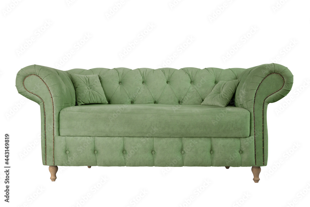Olive green sofa on wooden legs isolated. Upholstered furniture for the living room. Light olive couch isolated Olive green sofa on wooden legs isolated. Upholstered furniture for the living room. Light olive couch isolated