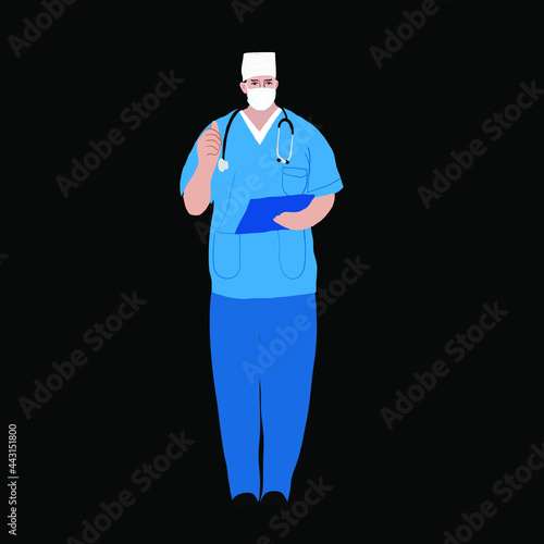 Medical health care banner design with doctor, in medicine mask stethoscope and blue necktie. protecting from coronavirus. Vector illustration on grey background