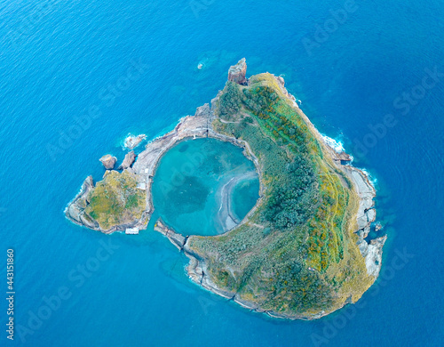Aerial shot of Vila do Franco island from the above in Sao Miguel, Azores islands.