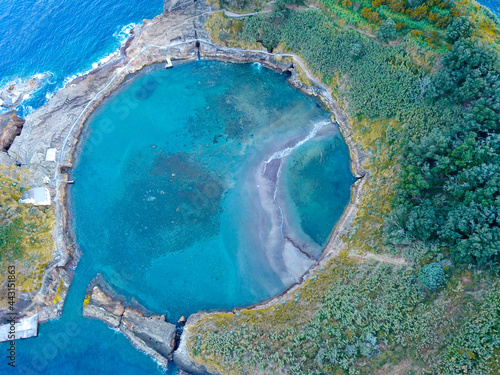 Aerial shot of Vila do Franco island from the above in Sao Miguel, Azores islands.