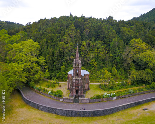 Old christian church seeing from above located in Furnas area, Sao Miguel island.