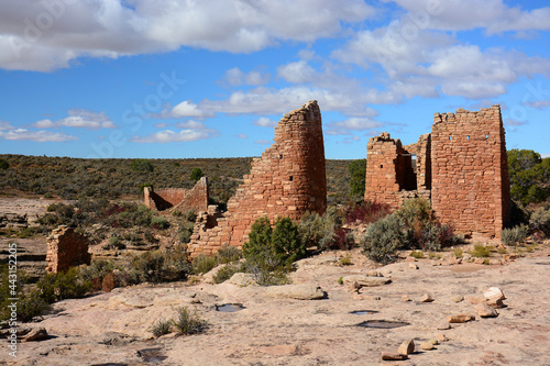 square tower unit trail and hovenweep castle ruins in hovenweep national monument on a sunny day, Colorado