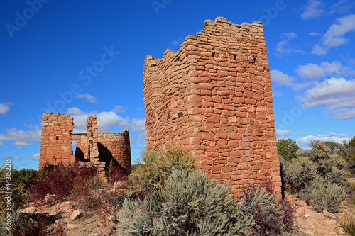 square tower unit  trail and ancient native  american ruins on a sunny day in  hovenweep national monument, colorado  
