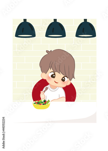 Korean boy happy eating organic vegetables or bibimbap in restaurant. Vegetarian. The concept of proper nutrition and healthy lifestyle. Vector illustration in kawaii cartoon style