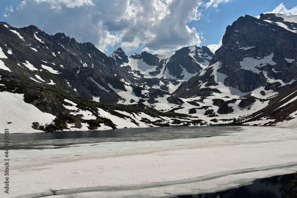 a frozen lake isabelle and  spectacular mountain peaks in early summer, indian peaks wilderness area, colorado     