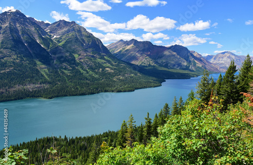 the spectacular peaks  lake and forests of waterton lakes national park and glacier national park  as seen in summer from the goat haunt overlook  in goat haunt  montana