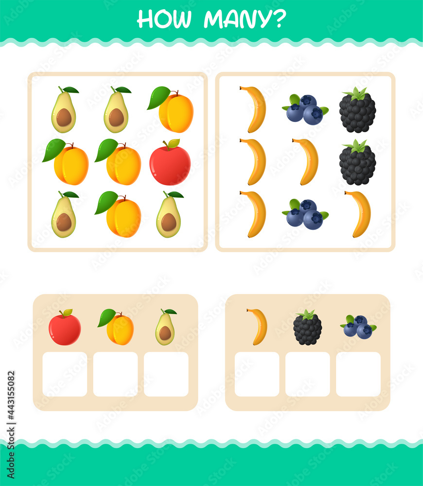How many cartoon fruits. Counting game. Educational game for pre shool years kids and toddlers How many cartoon fruits. Counting game. Educational game for pre shool years kids and toddlers