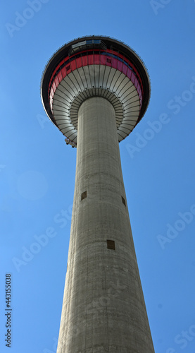 looking up at the calgary tower on a sunny day in calgary, alberta, canada