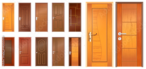set of realistic wooden door isolated or indonesian traditional door style for home, office or apartment or realistic luxury doors in vintage style concept. eps vector