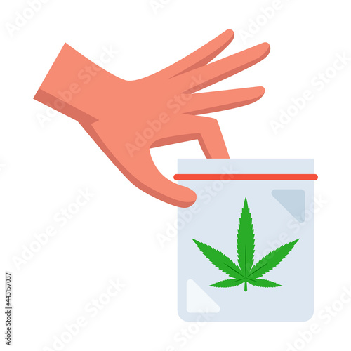 man holds a packet of marijuana in his hand. flat vector illustration.