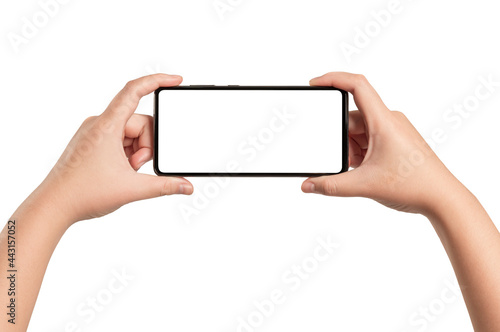 Young woman hand holding smartphone isolated on white background.