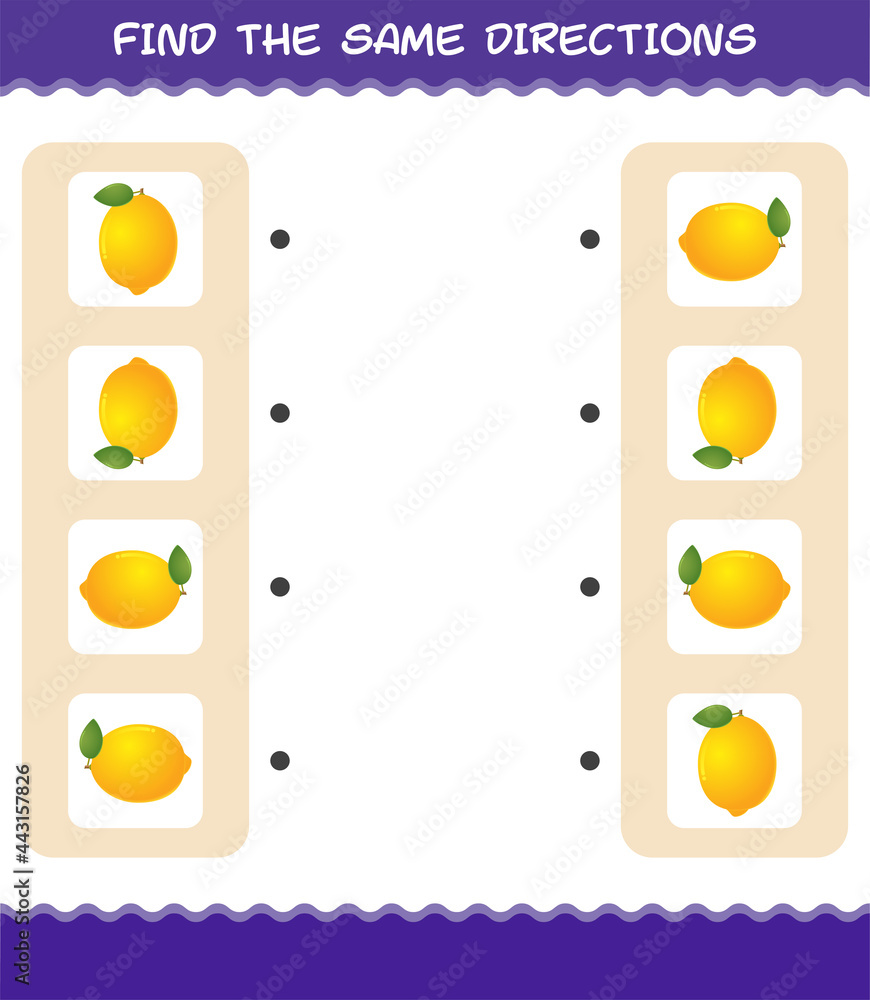Match the same directions of lemon. Matching game. Educational game for pre shool years kids and toddlers