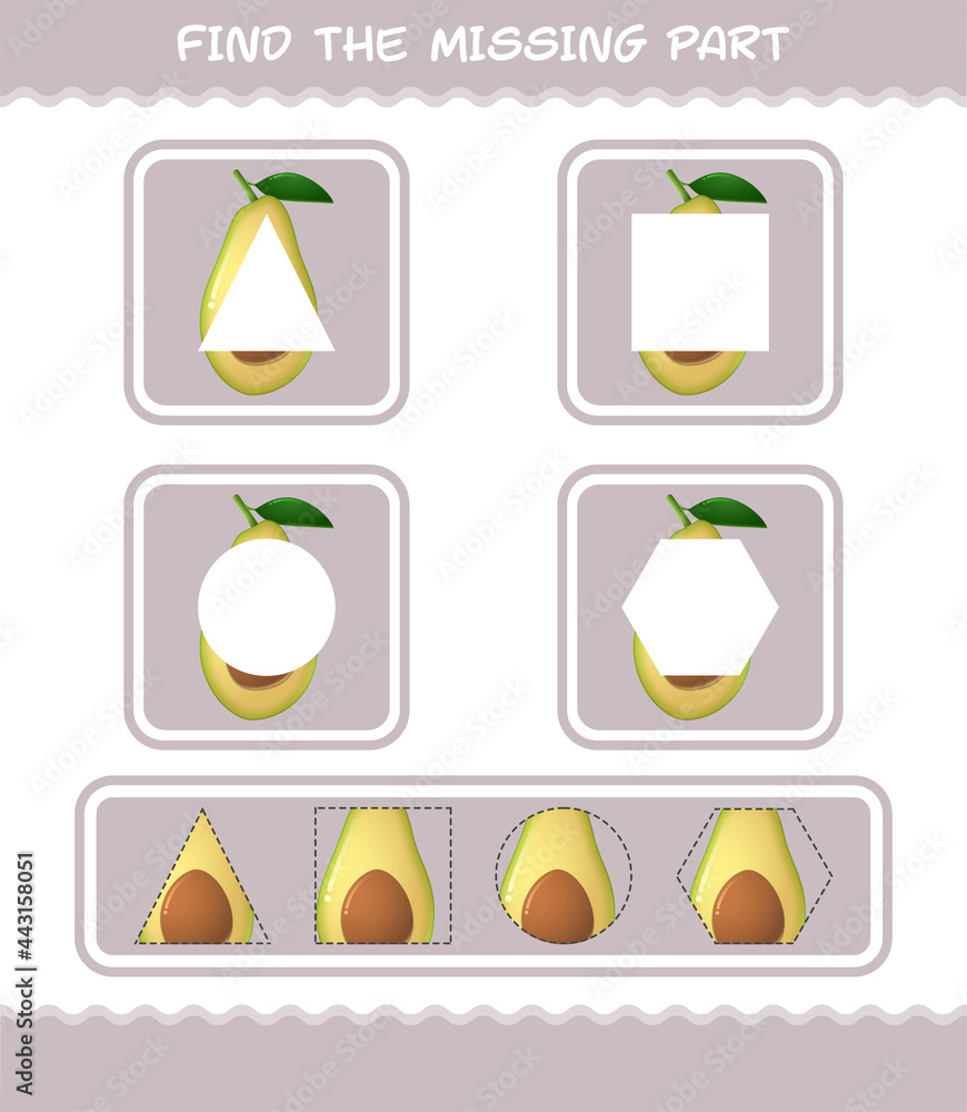 Find the missing parts of cartoon avocado. Searching game. Educational game for pre shool years kids and toddlers
