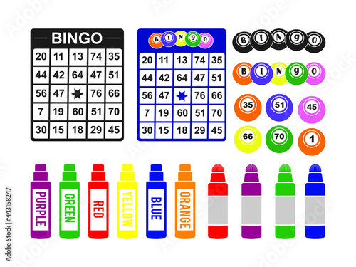 Bingo balls, Card, Dauber, Bingo Coloring vector illustration isolated