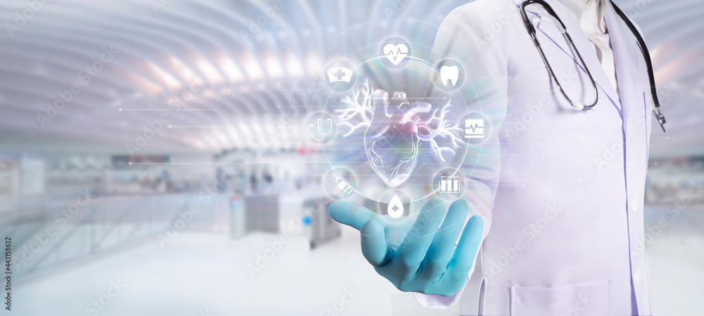 Fototapeta premium Doctor Hands holding a digital world with Health care and medical services icons, Healthcare and medical services concept.