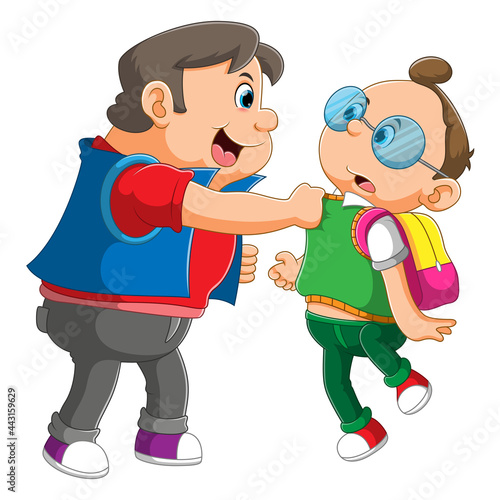 The fat boy is fighting with the little thin boy
