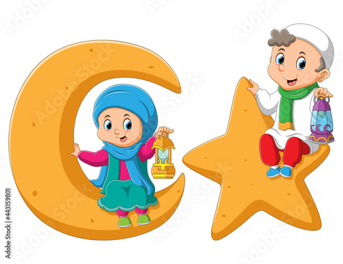 The muslim kids is holding the lantern sitting on the star and moon