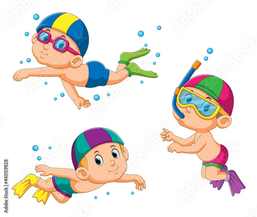 The collection of the children diving under the water