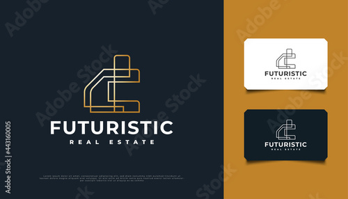 Abstract Gold Futuristic Real Estate Logo Design with Line Style. Construction, Architecture or Building Logo Design Template