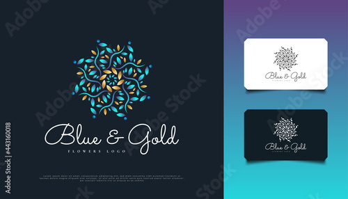Blue and Gold Floral Ornament Logo Design, Suitable for Spa, Beauty, Florists, Resort, or Cosmetic Product Identity. Elegant Mandala Logo