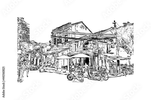 Building view with landmark of Hoi An is a city on Vietnam. Hand drawn sketch illustration in vector.
