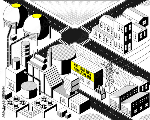 the natural gas energy, natural gas  power plant with isometric graphic