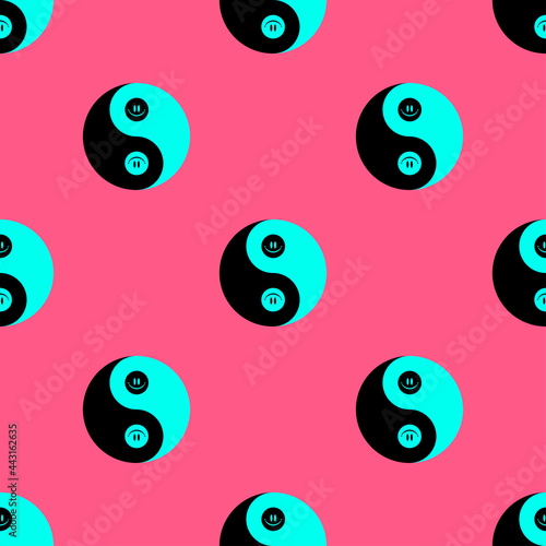 80s Yin and yang with happy face. Vector seamless pattern