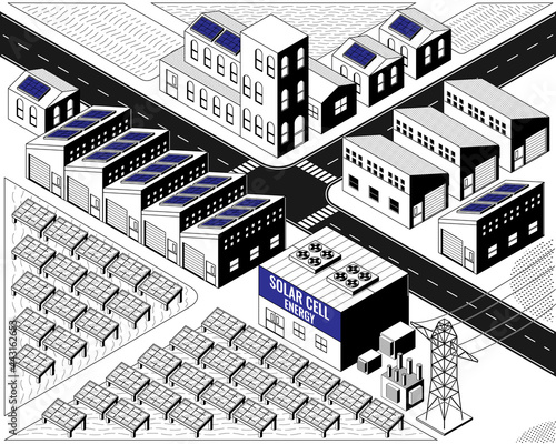 solar cell energy, solar cell power plant in isometric graphic