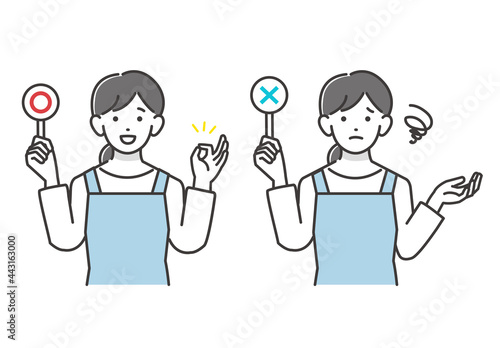 正解と不正解の棒を持つエプロンを着た女性のベクターイラスト素材／主婦／ビジネス