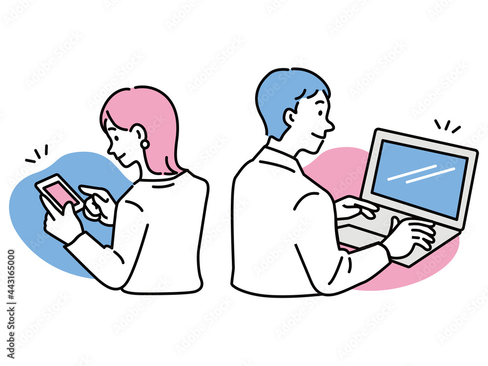 スマホ パソコンで調べる男女のイラスト アプリ Sns キャッシュレス リサーチ オンラインショッピング 予約 App Sns Cashless Research Online Shopping Reservation Stock Vector Adobe Stock