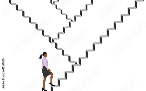 Businesswoman climbing up stairs to the top. Career concept.