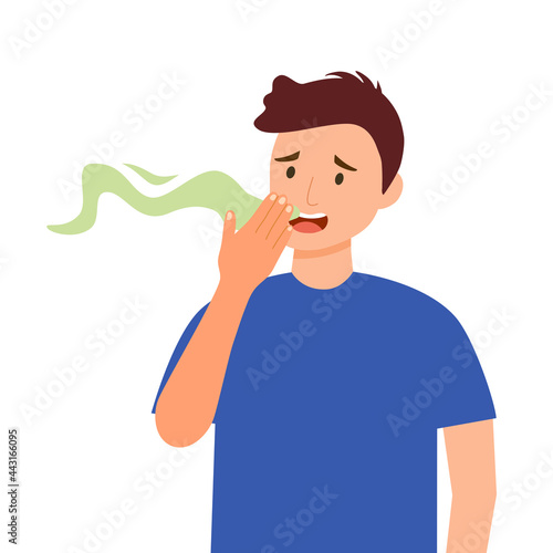 Man with bad breath in flat design on white background. Smelly mouth concept vector illustration.