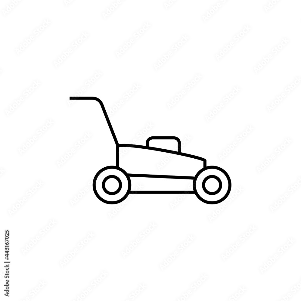 Lawn mower icon in flat black line style, isolated on white background Lawn mower icon in flat black line style, isolated on white background