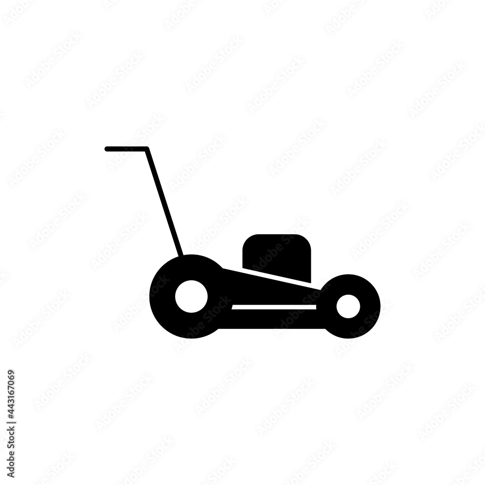 Lawn mower icon in solid black flat shape glyph icon, isolated on white background 