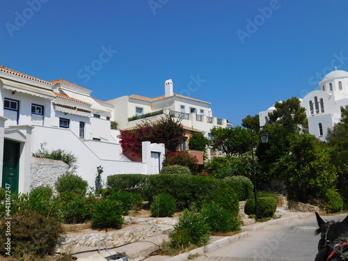 Gardens and traditional houses, on the island of Spetses, in Greece