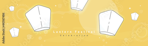 Sky lanterns floating in the sky with fireworks on yellow background. Design horizontal banner for Lanterns festival, Celebration carnival year. Art cartoon cute. Vector illustration.