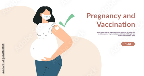 Vaccine and vaccination pregnant woman concept for web template. Injection in shoulder and green check. Pregnant getting vaccine shot. Woman in face mask showing . Flat vector illustration