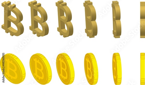 様々な角度の金色のビットコインマークのアイソメトリックスタイルのコインのセット