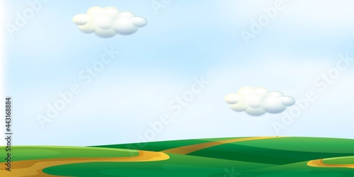 landscape of vast green grass with dirt road and sky and clouds background