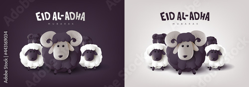 Eid Al Adha Mubarak the celebration of Muslim community festival banner with white and black sheep