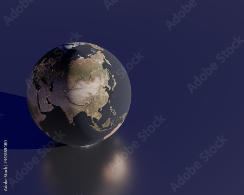 close up of 3d rendering world planet globe with realistic texture put on glossy floor with reflecttions and shadow. 3d illustrations