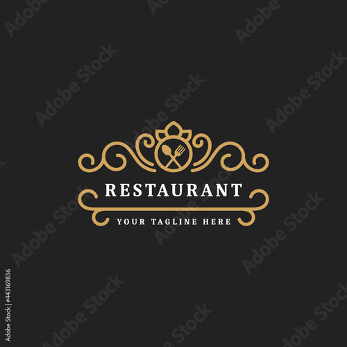 royal luxury restaurant or cafe logo template flourish ornament line, vintage retro icon symbol with spoon and fork element, suitable for food business