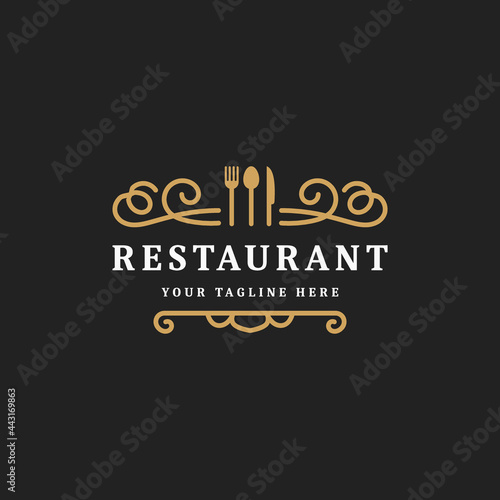 royal luxury restaurant or cafe logo template flourish ornament line  spoon  fork  knife  vintage retro icon symbol  suitable for food business