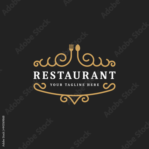 royal luxury restaurant or cafe logo template flourish ornament line, vintage retro minimal icon symbol vector, suitable for food business