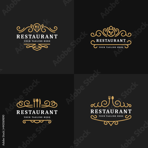 Valokuva set of royal luxury restaurant or cafe logo template flourish ornament line coll